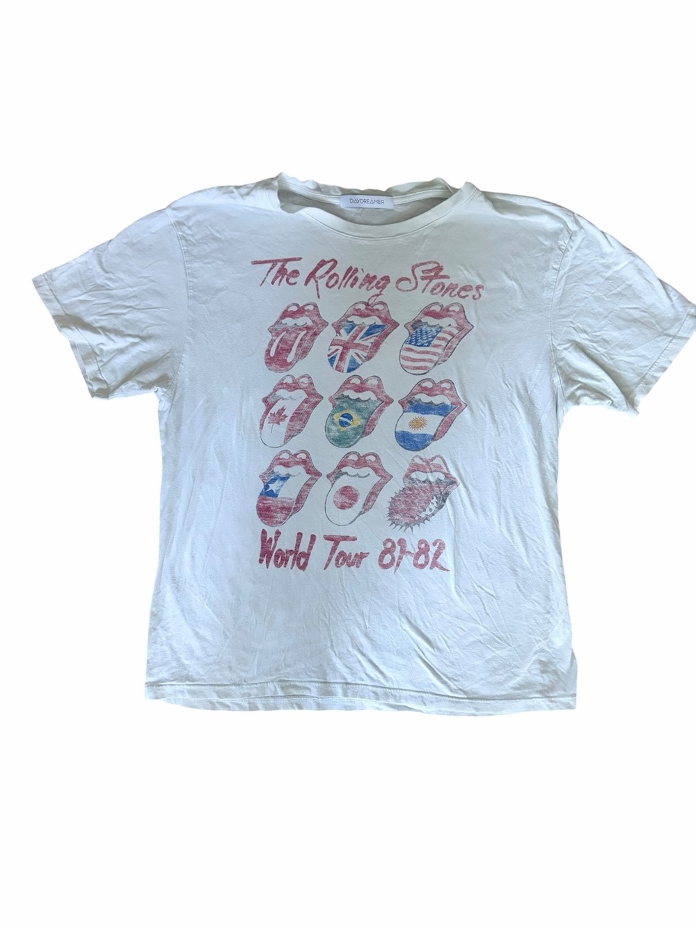 Daydreamer White Rolling Stones Graphic Tee with Red and Blue Print
